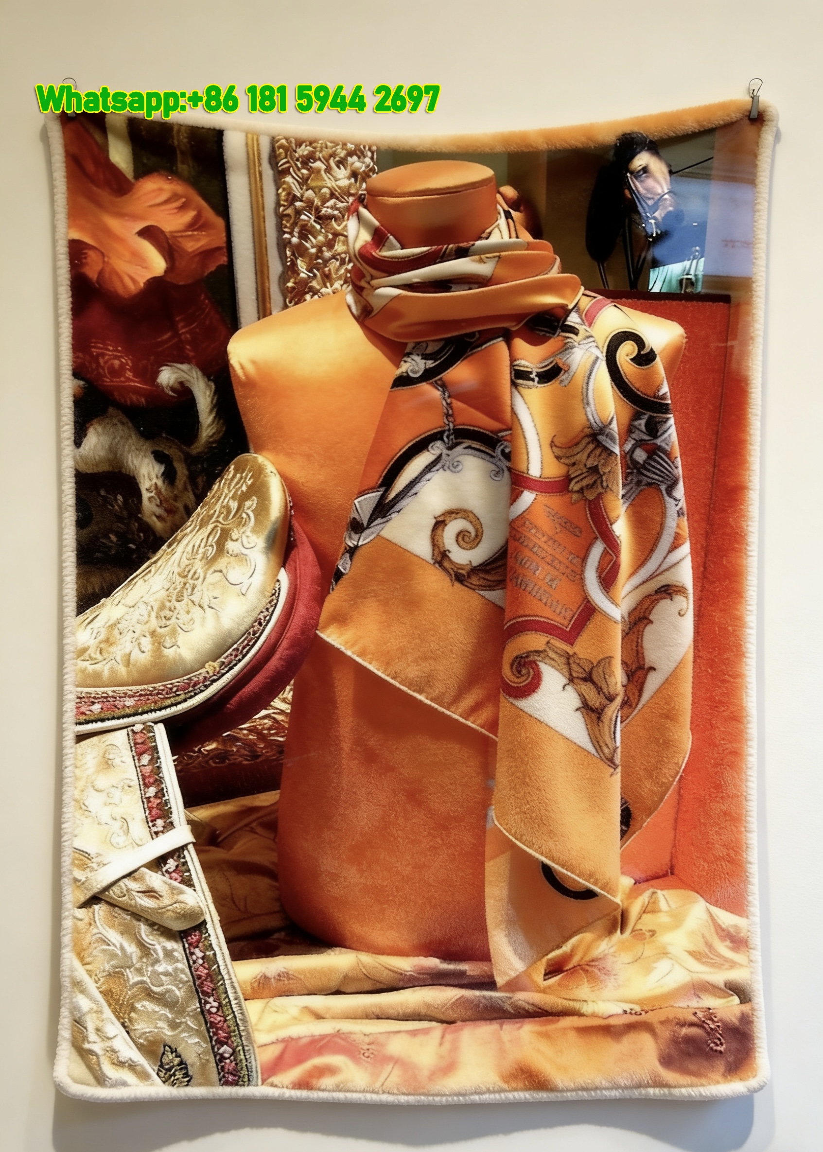 Hermès Inspired Orange Baroque Scroll Flannel Throw Blanket IMG_5166